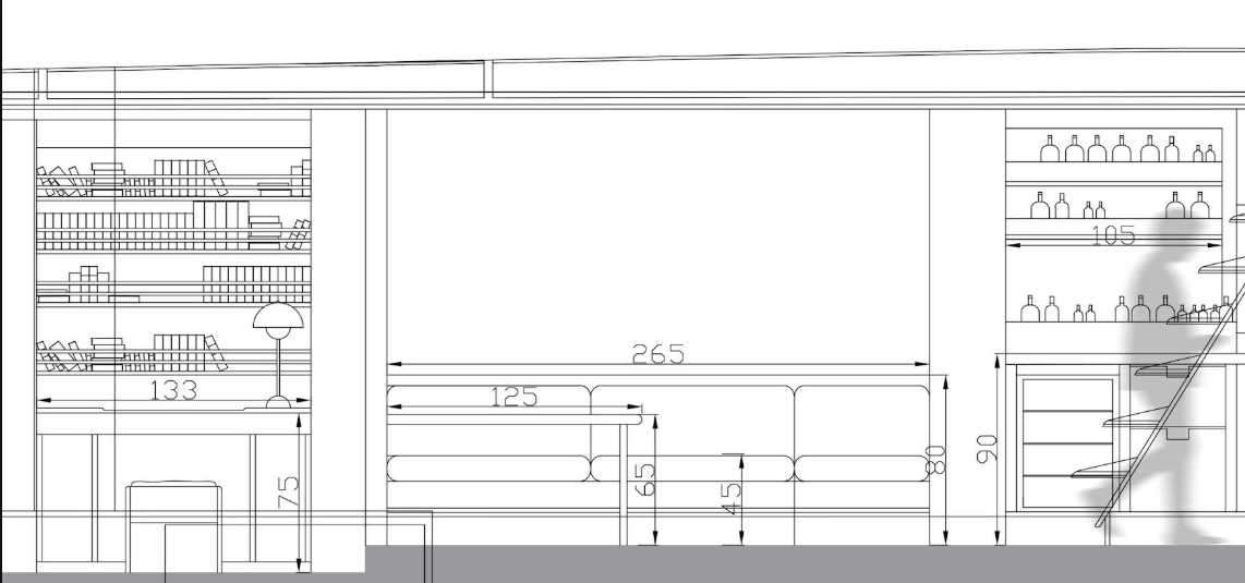 Detailed living room section — sofa module, shelving and bar