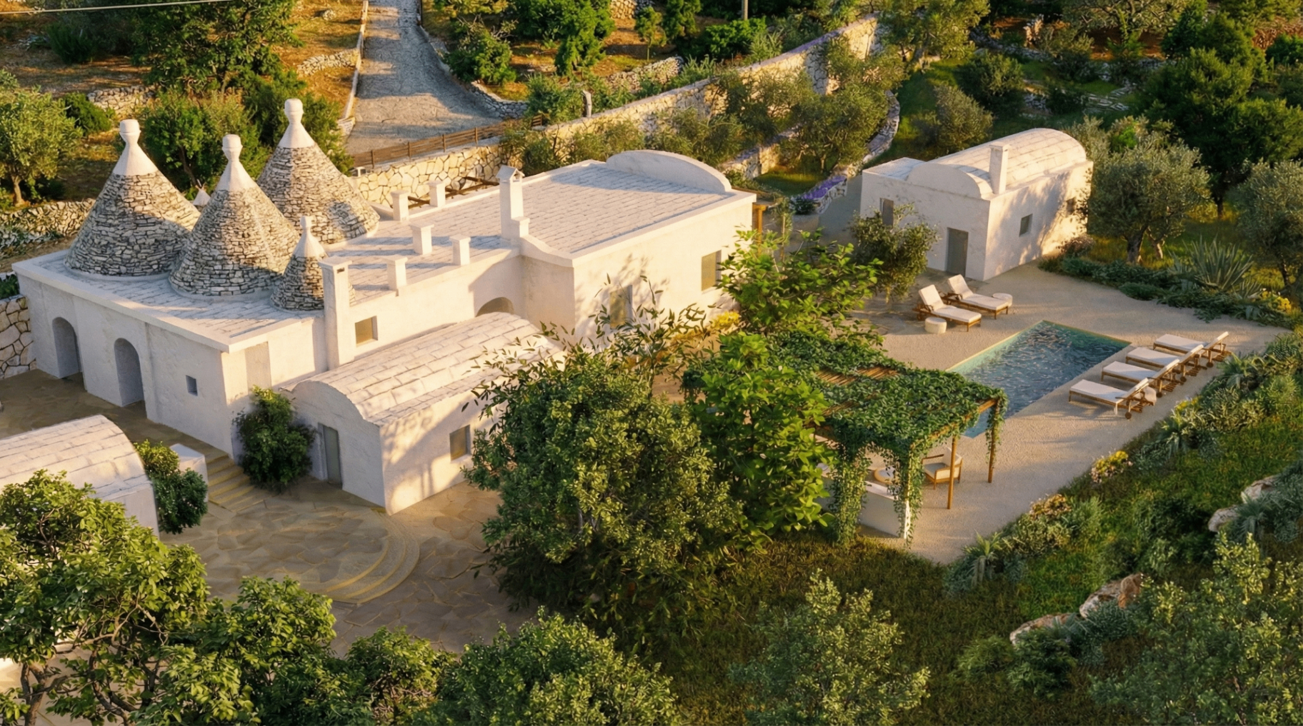 Trulli Ostuni — golden hour aerial render
